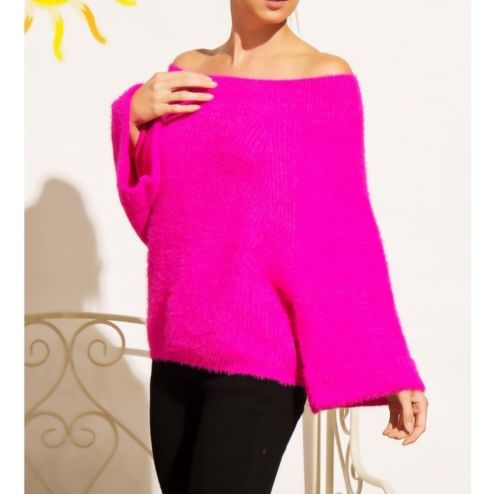 ⭐️Sale!⭐️ SEXY, CHIC & FABULOUS FUCHSIA OFF SHOULDER FURRY WIDE SLEEVES SWEATER - Picture 5 of 7